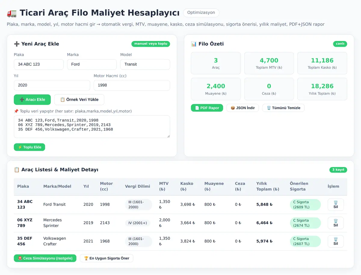 Ticari Araç Filo Maliyet Hesaplayıcı ve Optimizasyon ekran görüntüsü 3