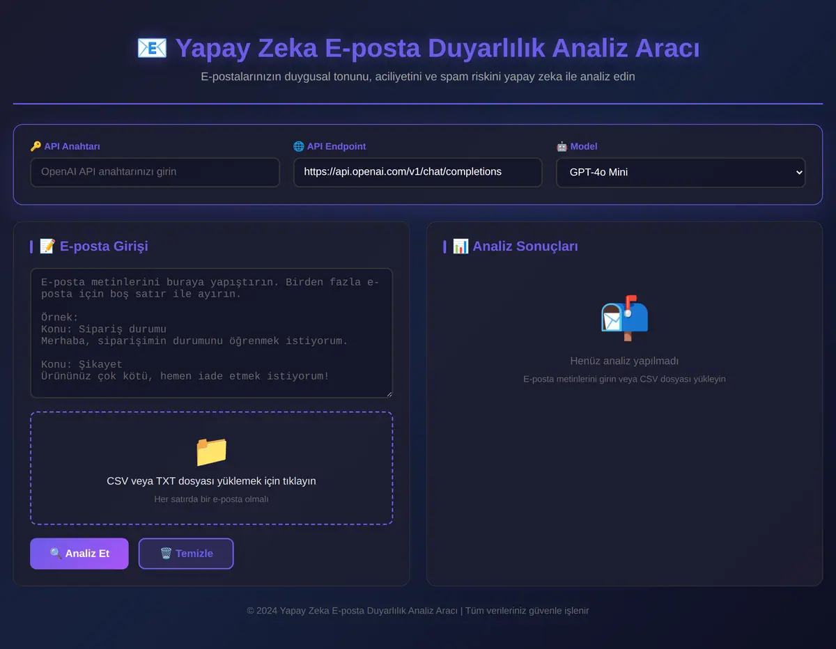Yapay Zeka E-posta Duyarlılık Analiz Aracı ekran görüntüsü 3