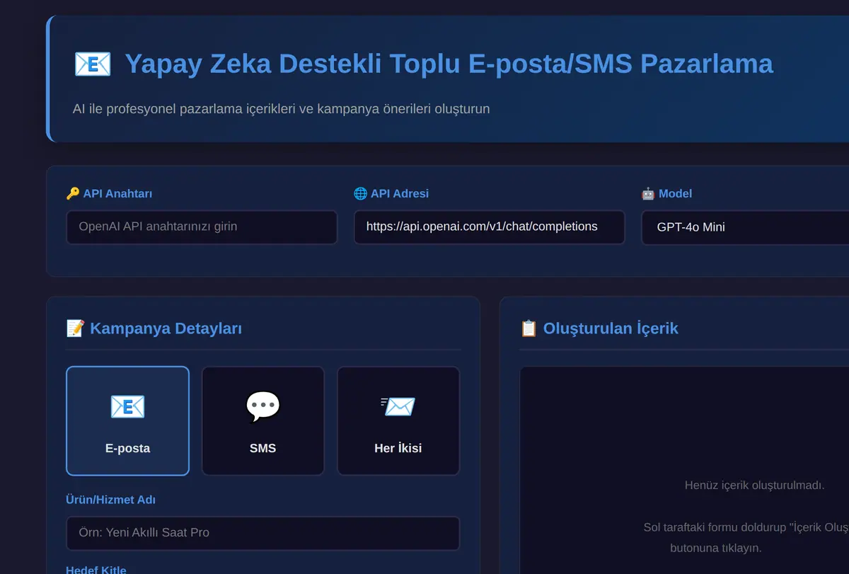 Yapay Zeka Destekli Toplu E-posta/SMS Pazarlama ekran görüntüsü