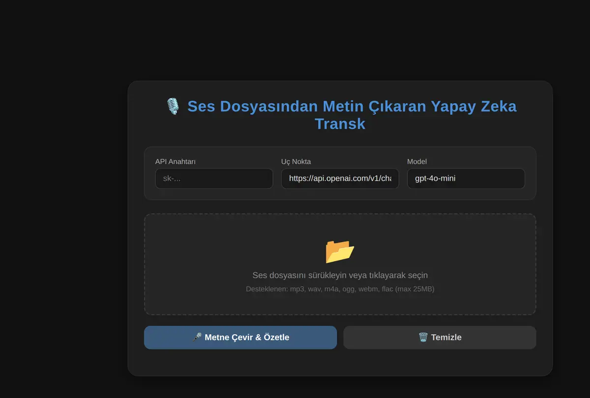 Ses Dosyasından Metin Çıkaran Yapay Zeka Transk ekran görüntüsü
