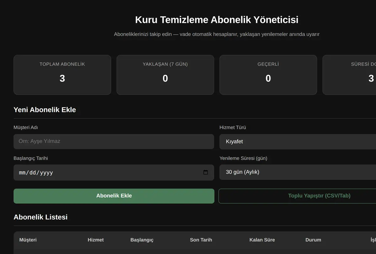 Kuru Temizleme Abonelik Yöneticisi ekran görüntüsü