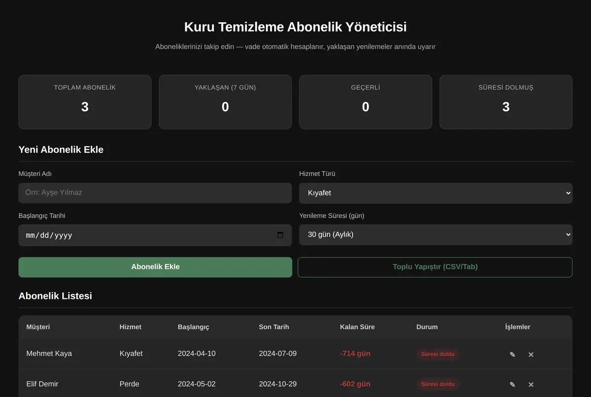 Kuru Temizleme Abonelik Yöneticisi ekran görüntüsü 2