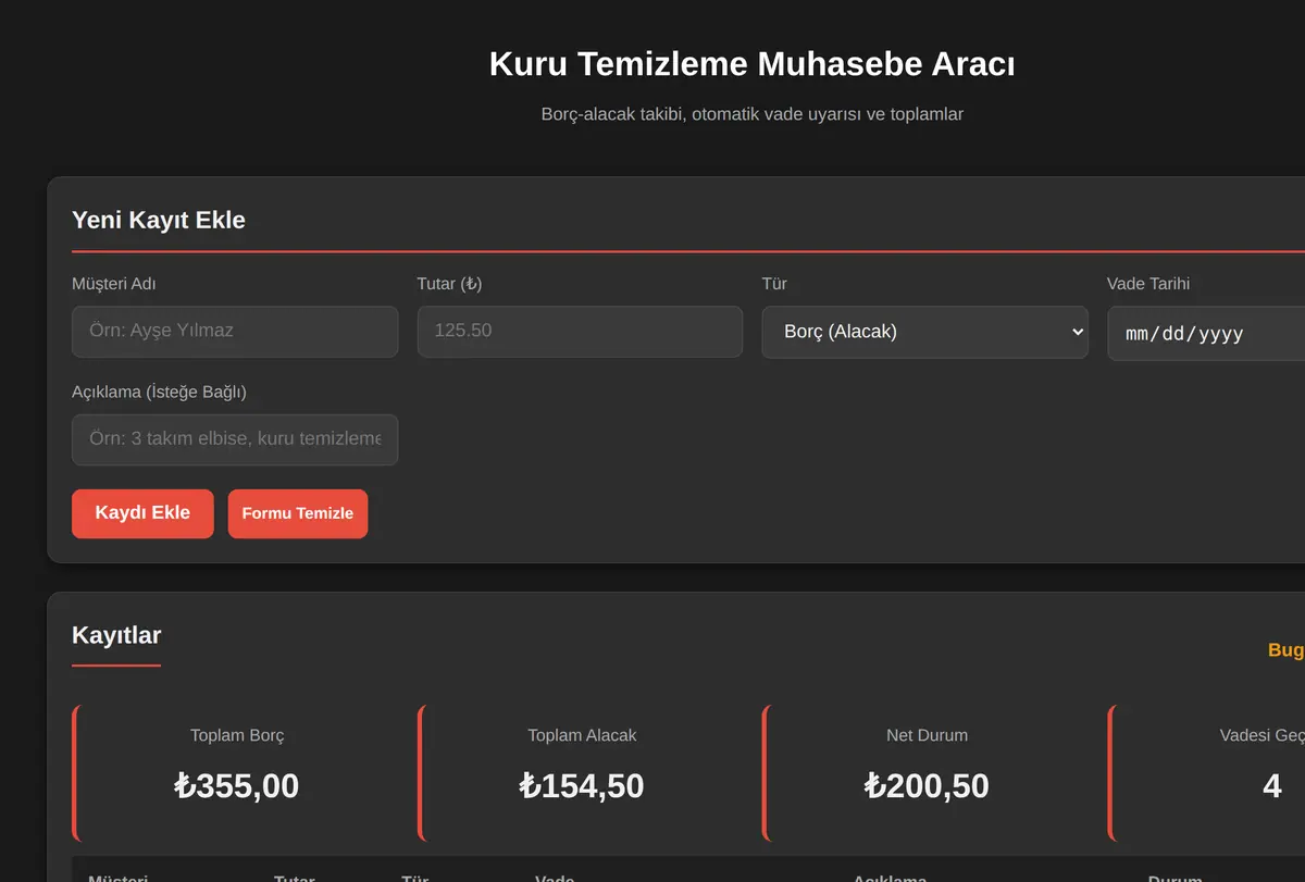 Kuru Temizleme Muhasebe Aracı ekran görüntüsü