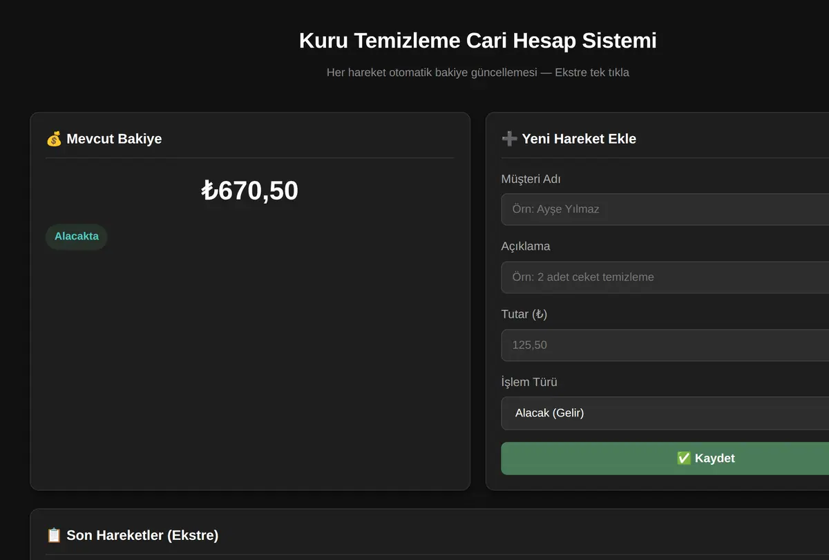 Kuru Temizleme Cari Hesap Sistemi ekran görüntüsü