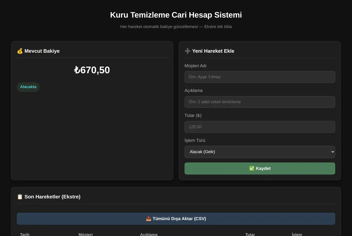 Kuru Temizleme Cari Hesap Sistemi ekran görüntüsü 2