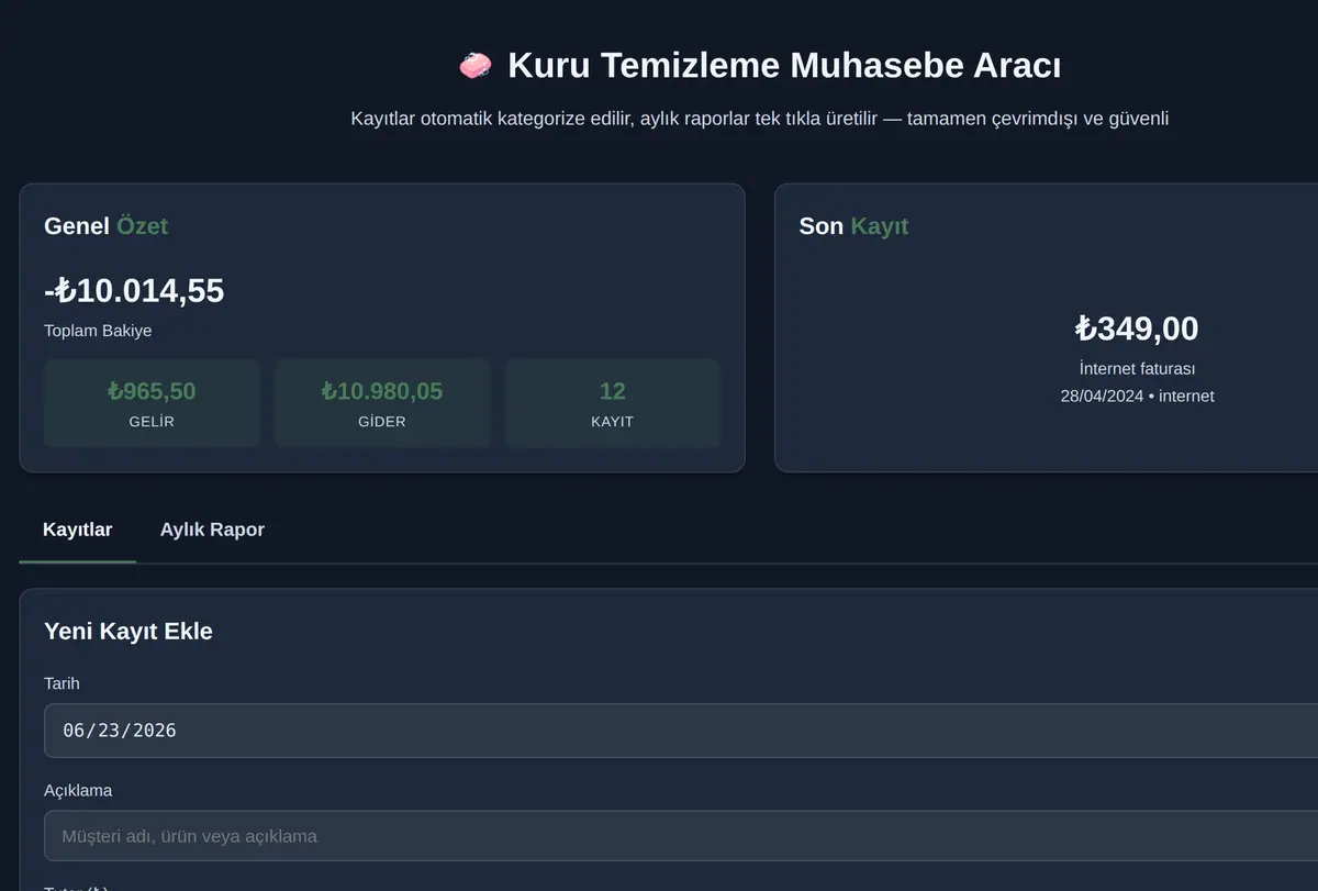 Kuru Temizleme Muhasebe Aracı ekran görüntüsü