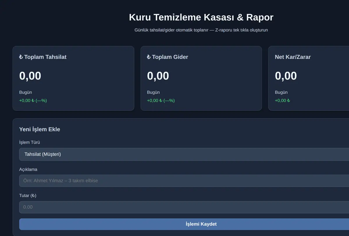 Kuru Temizleme Kasası & Rapor ekran görüntüsü