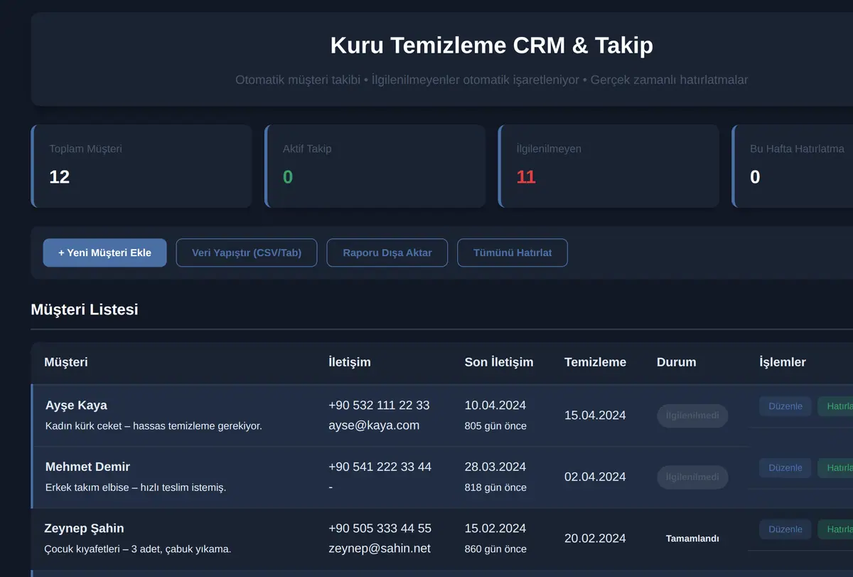 Kuru Temizleme CRM & Takip ekran görüntüsü