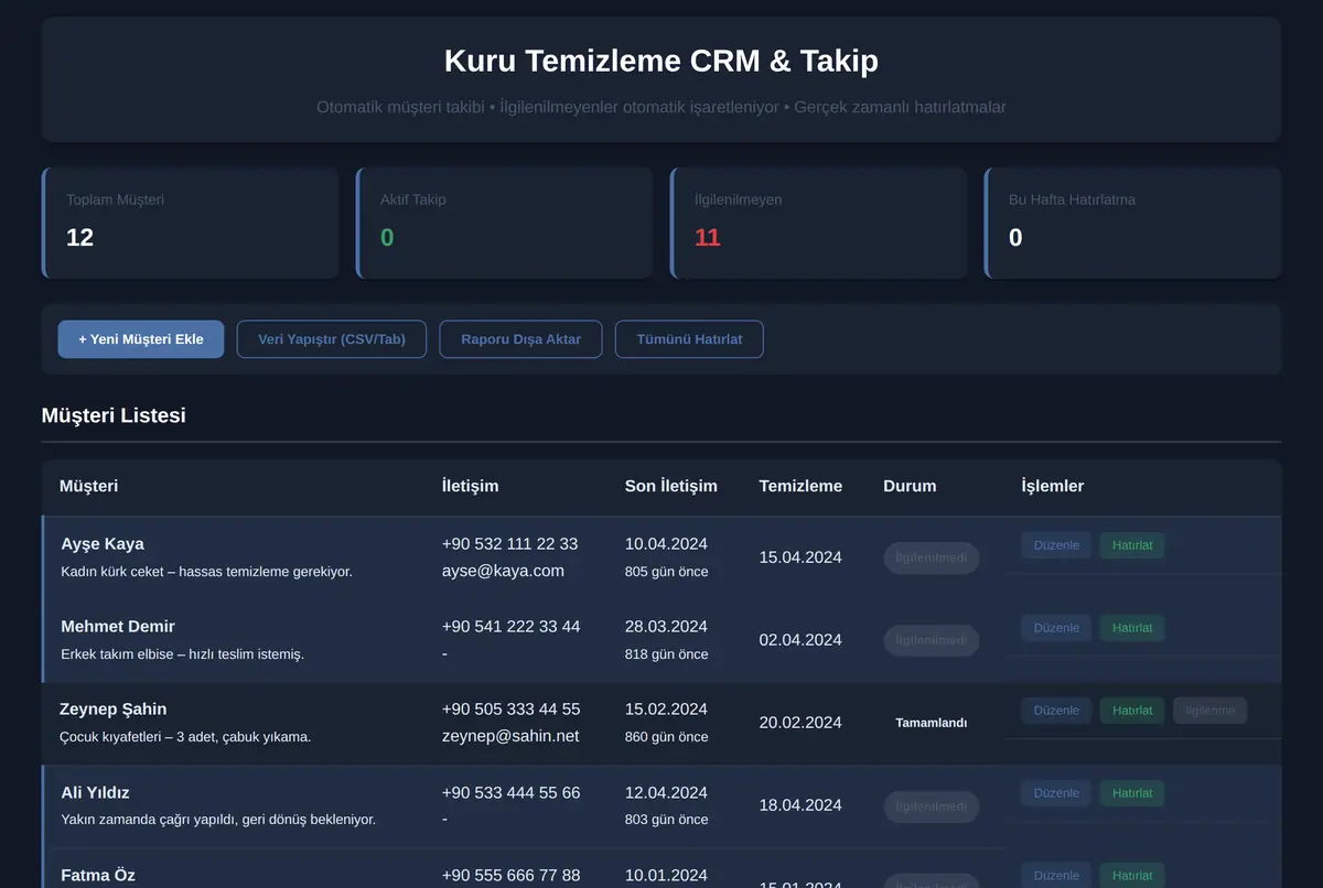 Kuru Temizleme CRM & Takip ekran görüntüsü 2