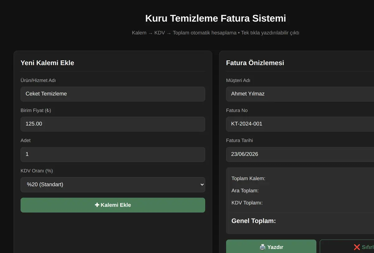 Kuru Temizleme Fatura Sistemi ekran görüntüsü