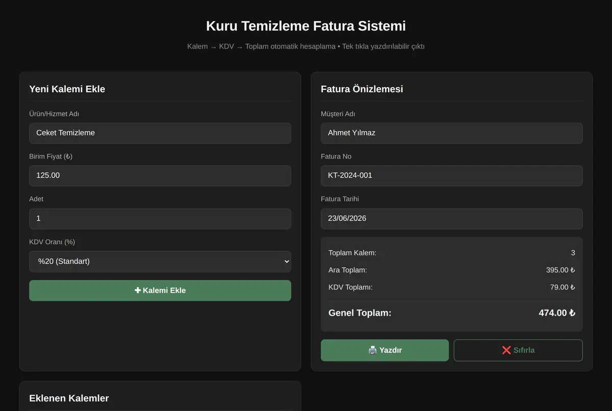 Kuru Temizleme Fatura Sistemi ekran görüntüsü 2