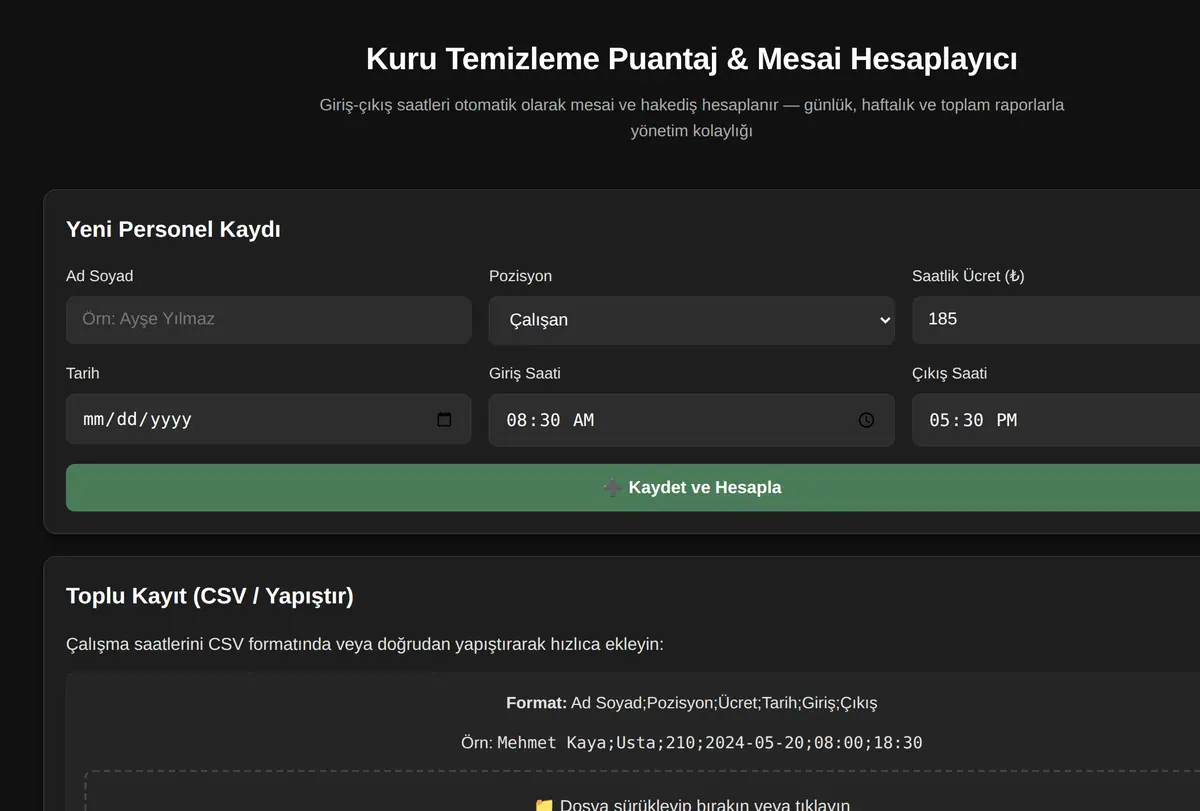 Kuru Temizleme Puantaj & Mesai Hesaplayıcı ekran görüntüsü