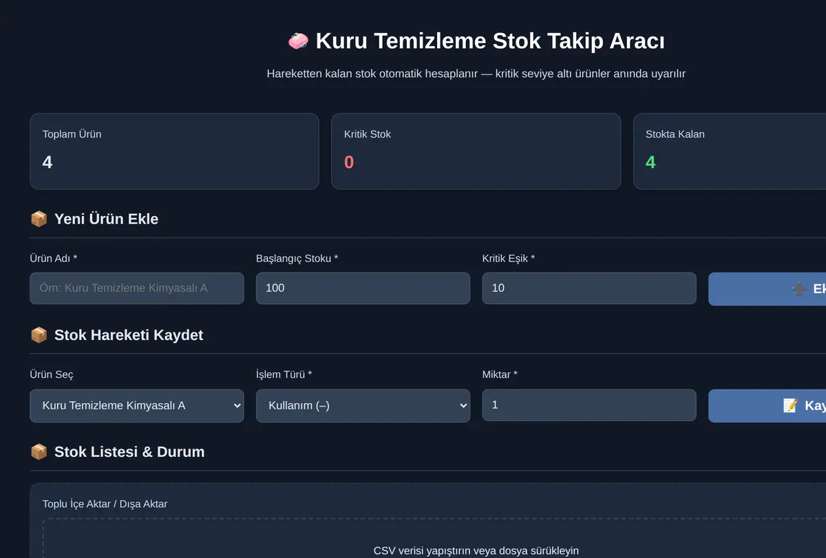 Kuru Temizleme Stok Takip Aracı ekran görüntüsü