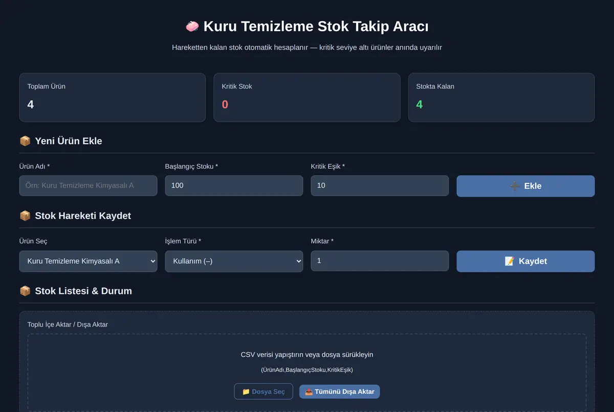 Kuru Temizleme Stok Takip Aracı ekran görüntüsü 2