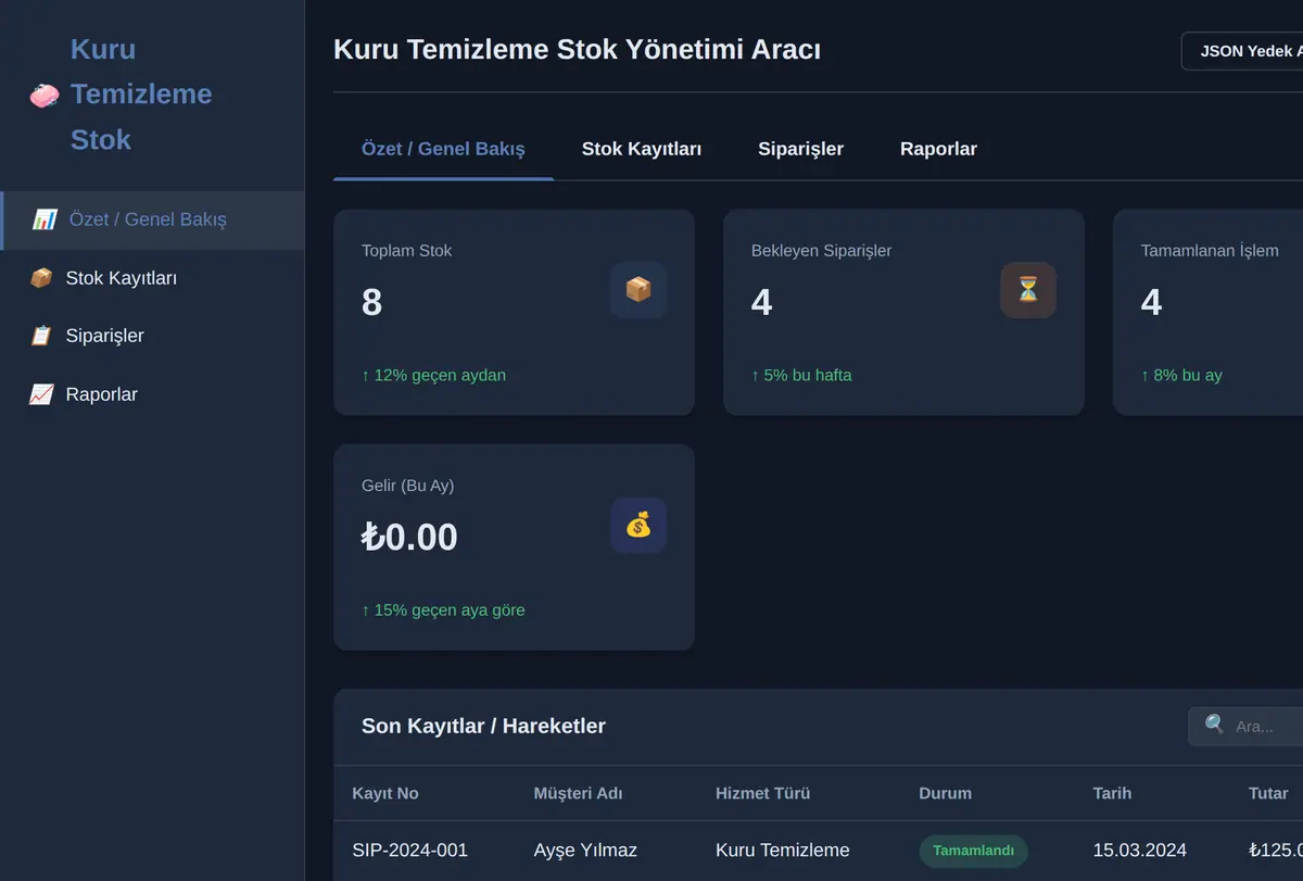 Kuru Temizleme Stok Yönetimi Aracı ekran görüntüsü