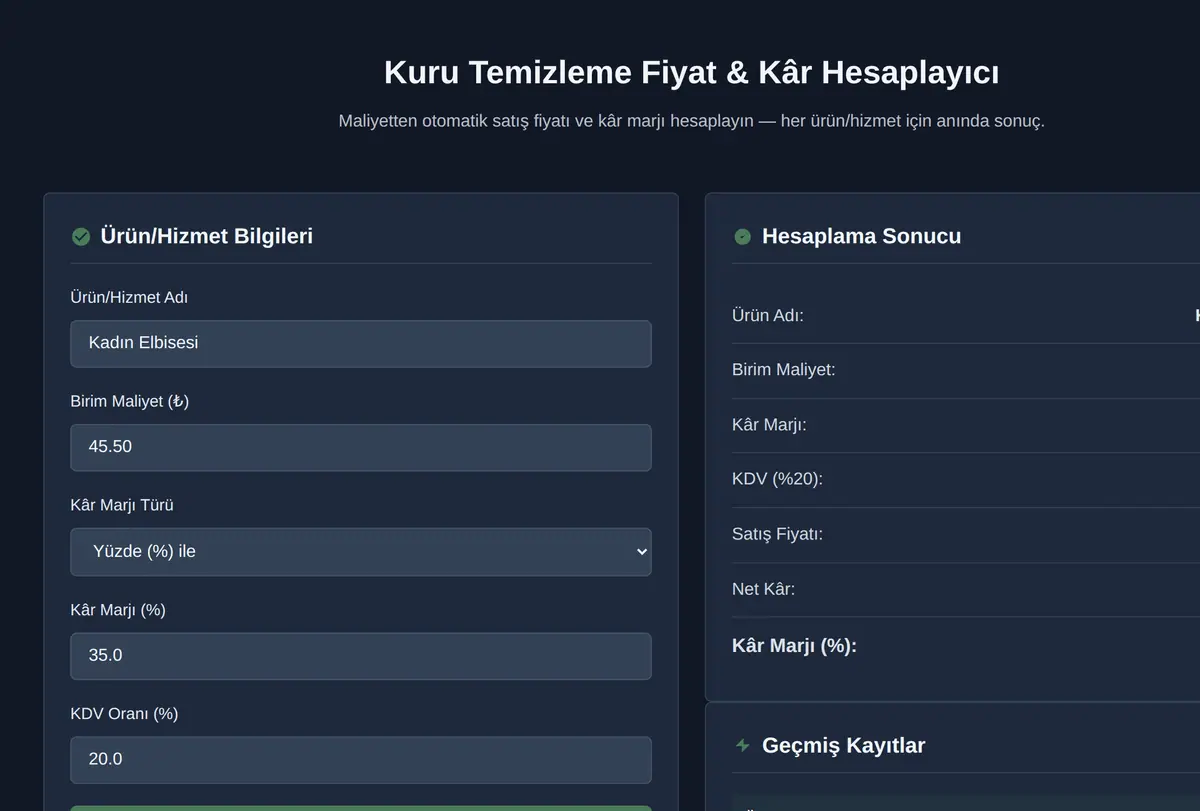Kuru Temizleme Fiyat & Kâr Hesaplayıcı ekran görüntüsü