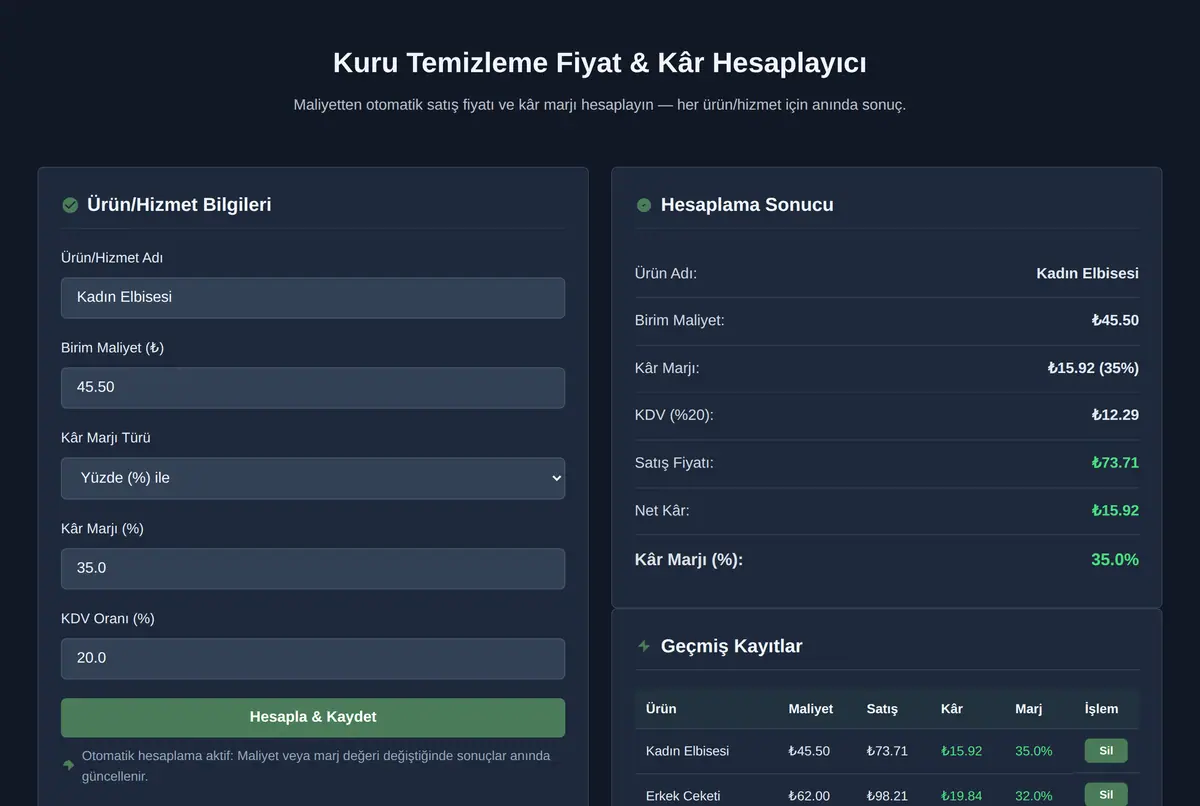 Kuru Temizleme Fiyat & Kâr Hesaplayıcı ekran görüntüsü 2