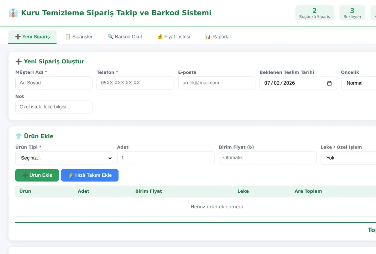 Kuru Temizleme Sipariş Takip ve Barkod Sistemi ekran görüntüsü