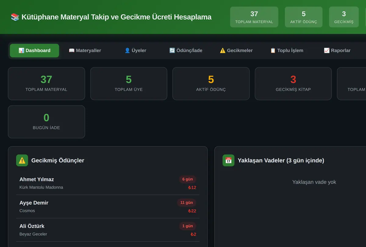 Kütüphane Materyal Takip ve Gecikme Ücreti Hesaplama ekran görüntüsü