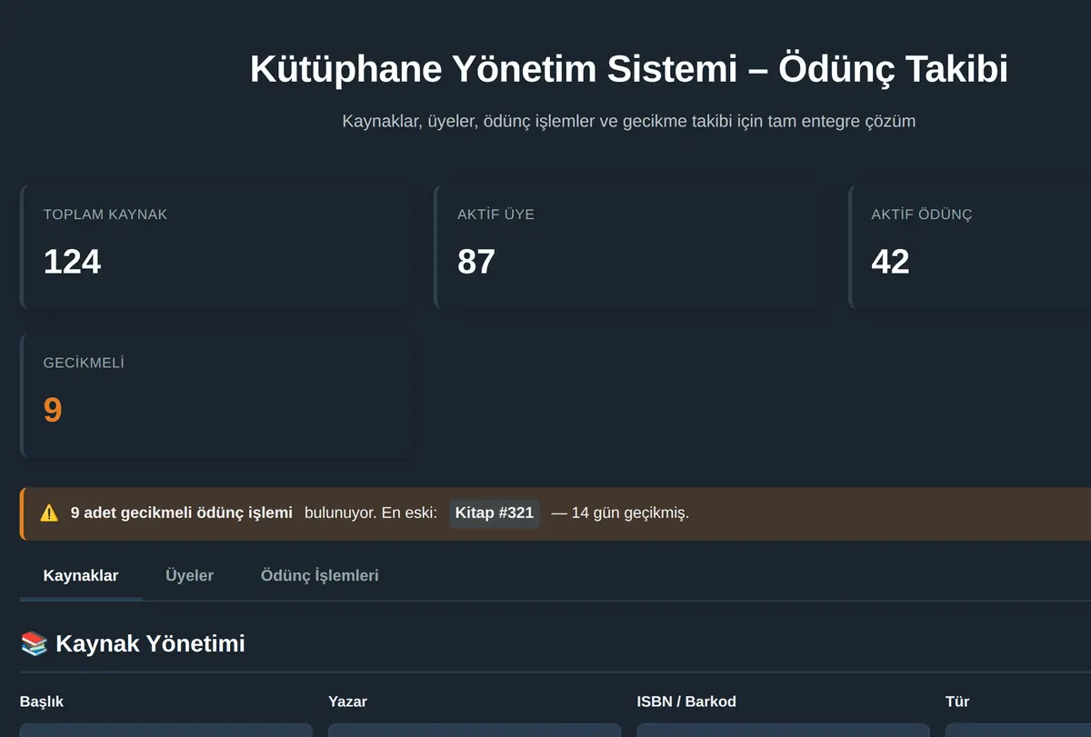 Kütüphane Odunç Yönetim Sistemi ekran görüntüsü