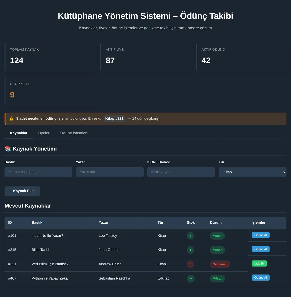 Kütüphane Odunç Yönetim Sistemi ekran görüntüsü 3