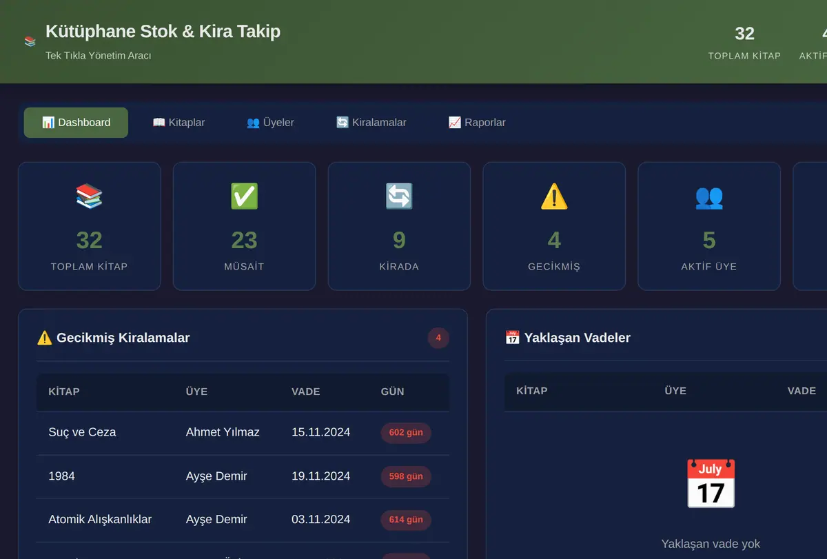 Kütüphane Stok & Kira Takip Aracı ekran görüntüsü
