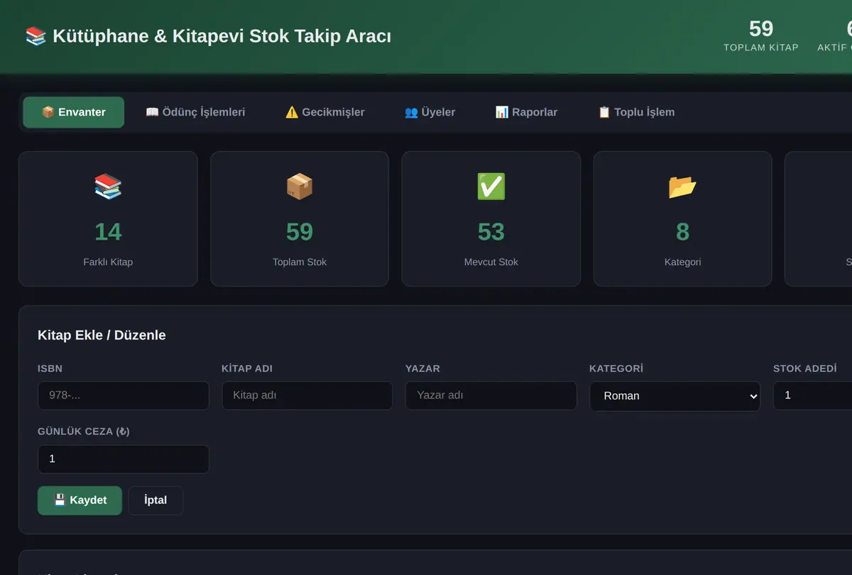 Kütüphane & Kitapevi Stok Takip Aracı ekran görüntüsü