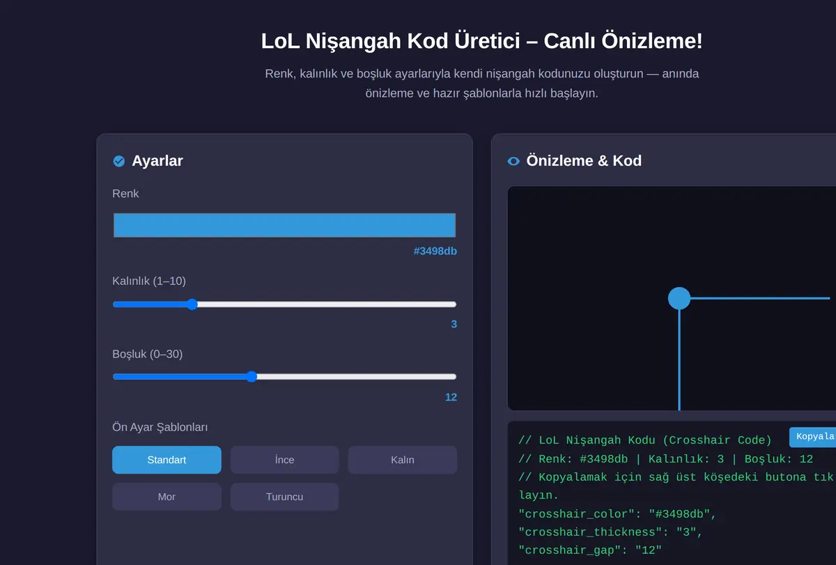 LoL Nişangah Kod Üretici - Canlı Önizleme! ekran görüntüsü