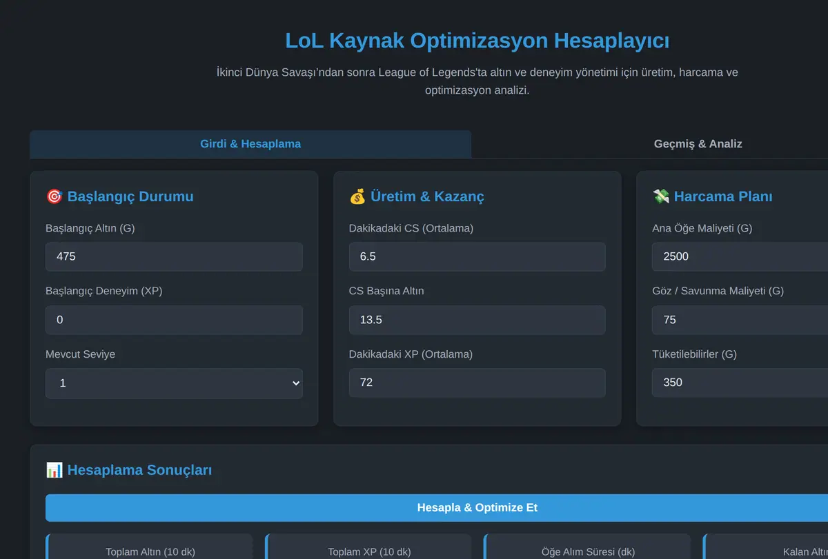 LoL Kaynak Optimizasyon Hesaplayıcı ekran görüntüsü