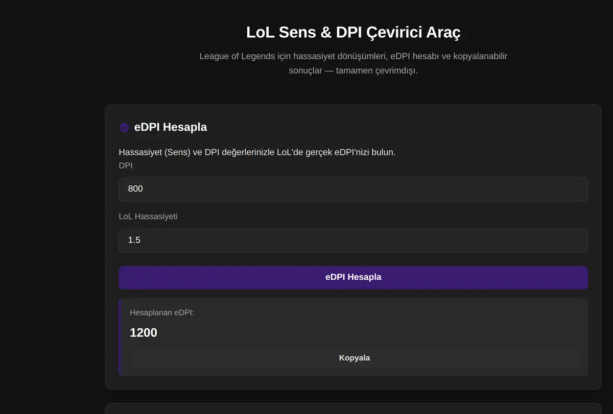 LoL Sens & DPI Çevirici Araç ekran görüntüsü