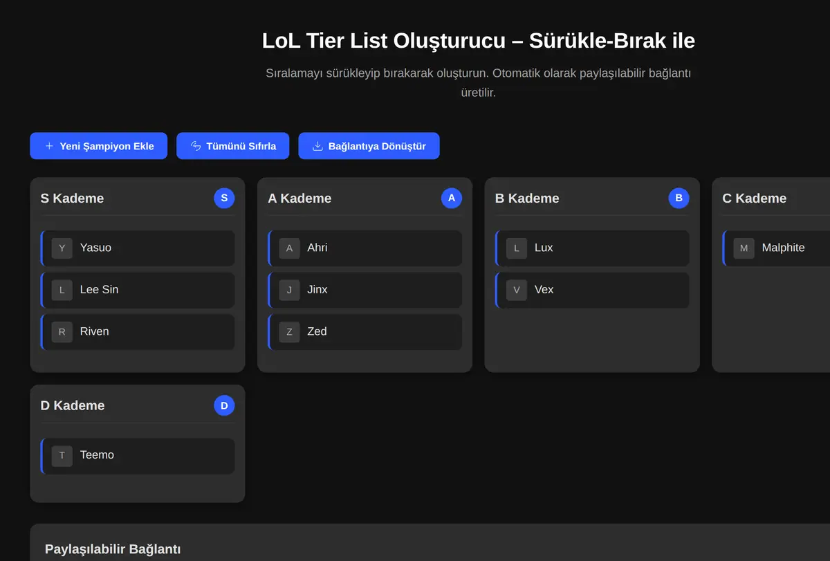 LoL Tier List Oluşturucu - Sürükle-Bırak ile ekran görüntüsü