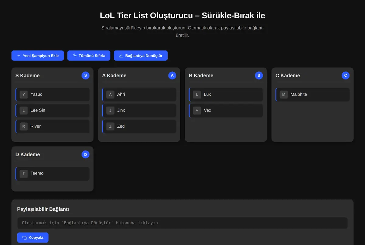 LoL Tier List Oluşturucu - Sürükle-Bırak ile ekran görüntüsü 2
