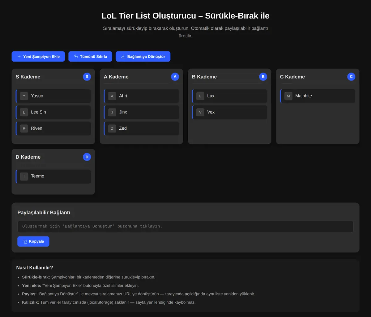 LoL Tier List Oluşturucu - Sürükle-Bırak ile ekran görüntüsü 3