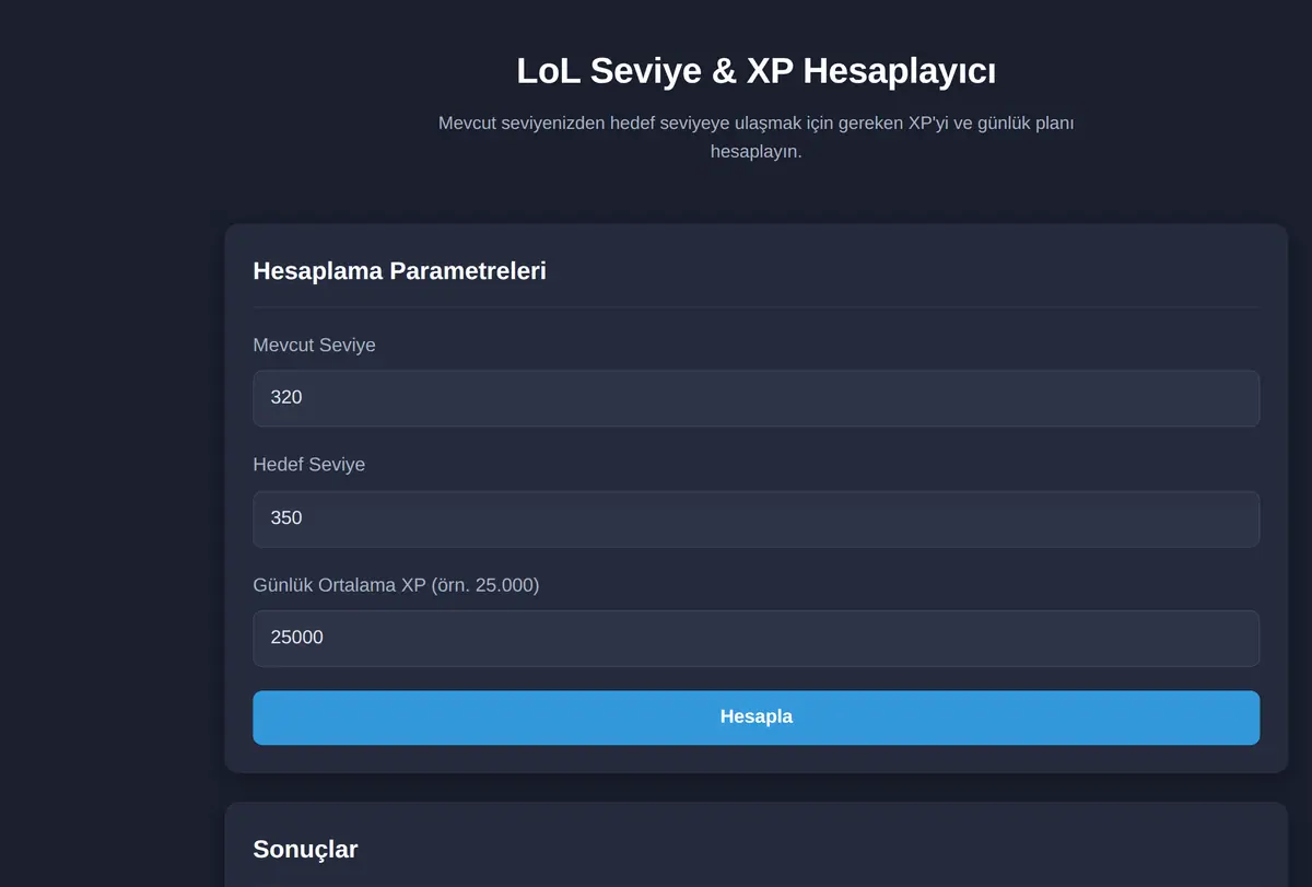 LoL Seviye & XP Hesaplayıcı ekran görüntüsü