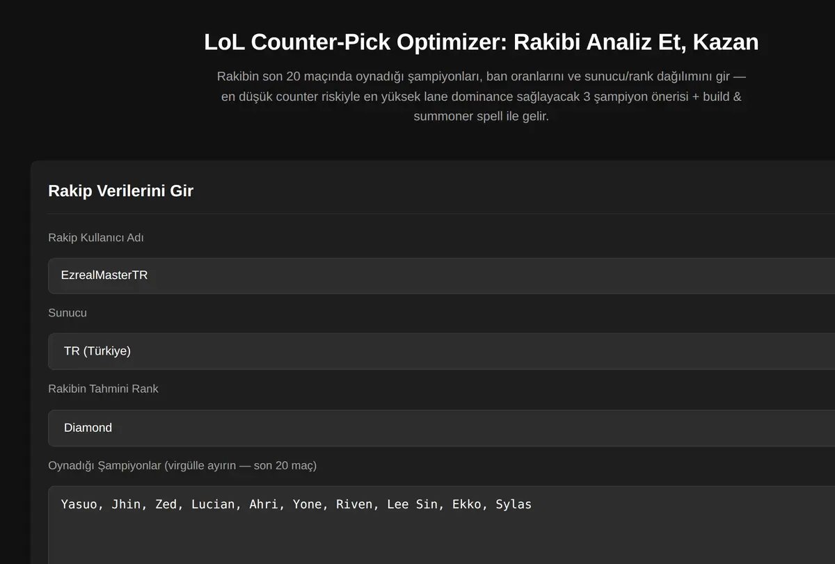 LoL Counter-Pick Optimizer: Rakibi Analiz Et, Kazan ekran görüntüsü
