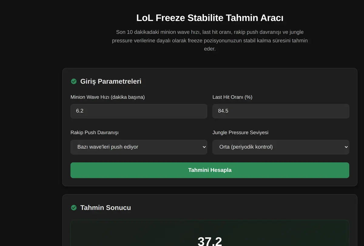 LoL Freeze Stabilite Tahmin Aracı ekran görüntüsü