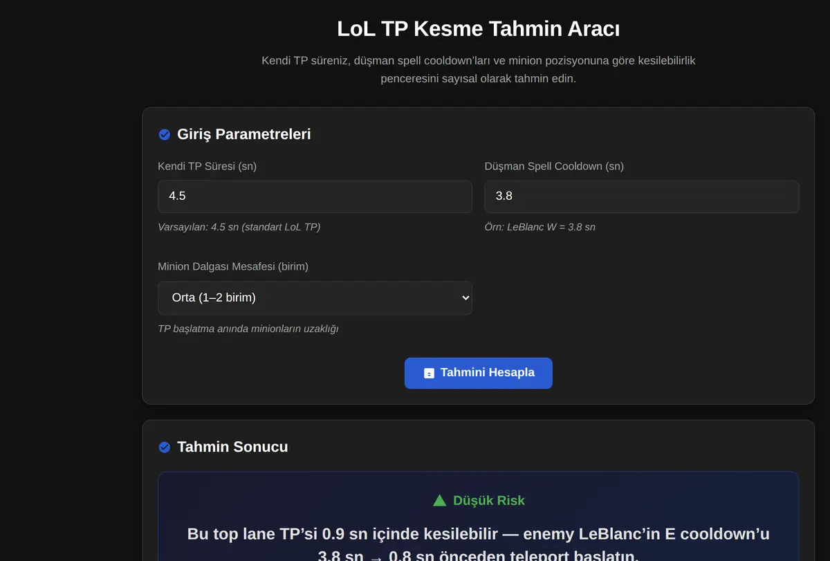 LoL TP Kesme Tahmin Aracı ekran görüntüsü