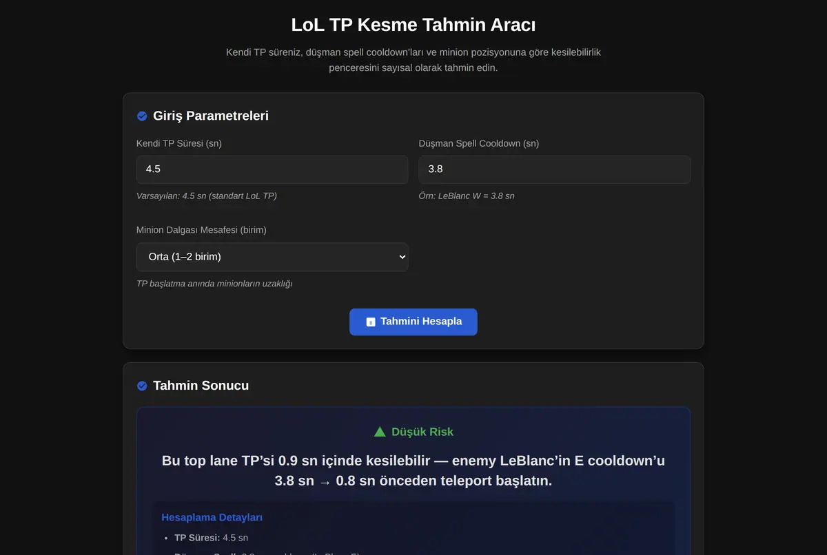 LoL TP Kesme Tahmin Aracı ekran görüntüsü 2