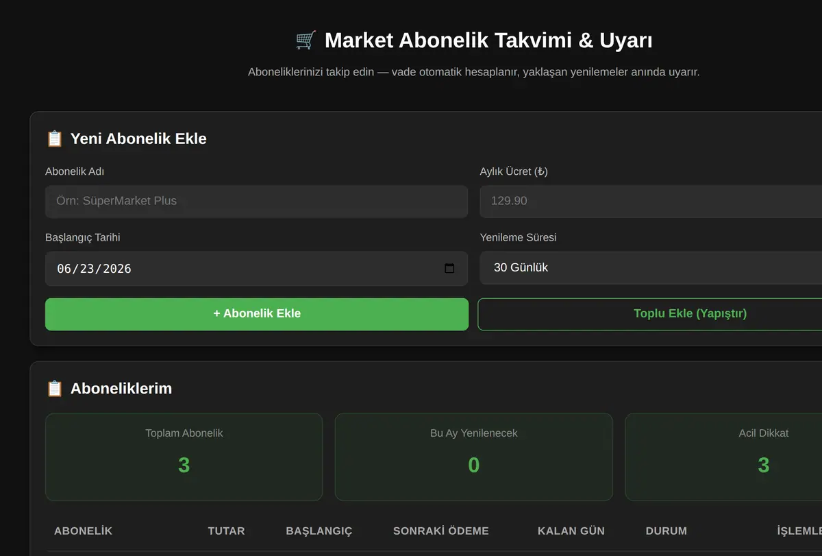 Market Abonelik Takvimi & Uyarı ekran görüntüsü
