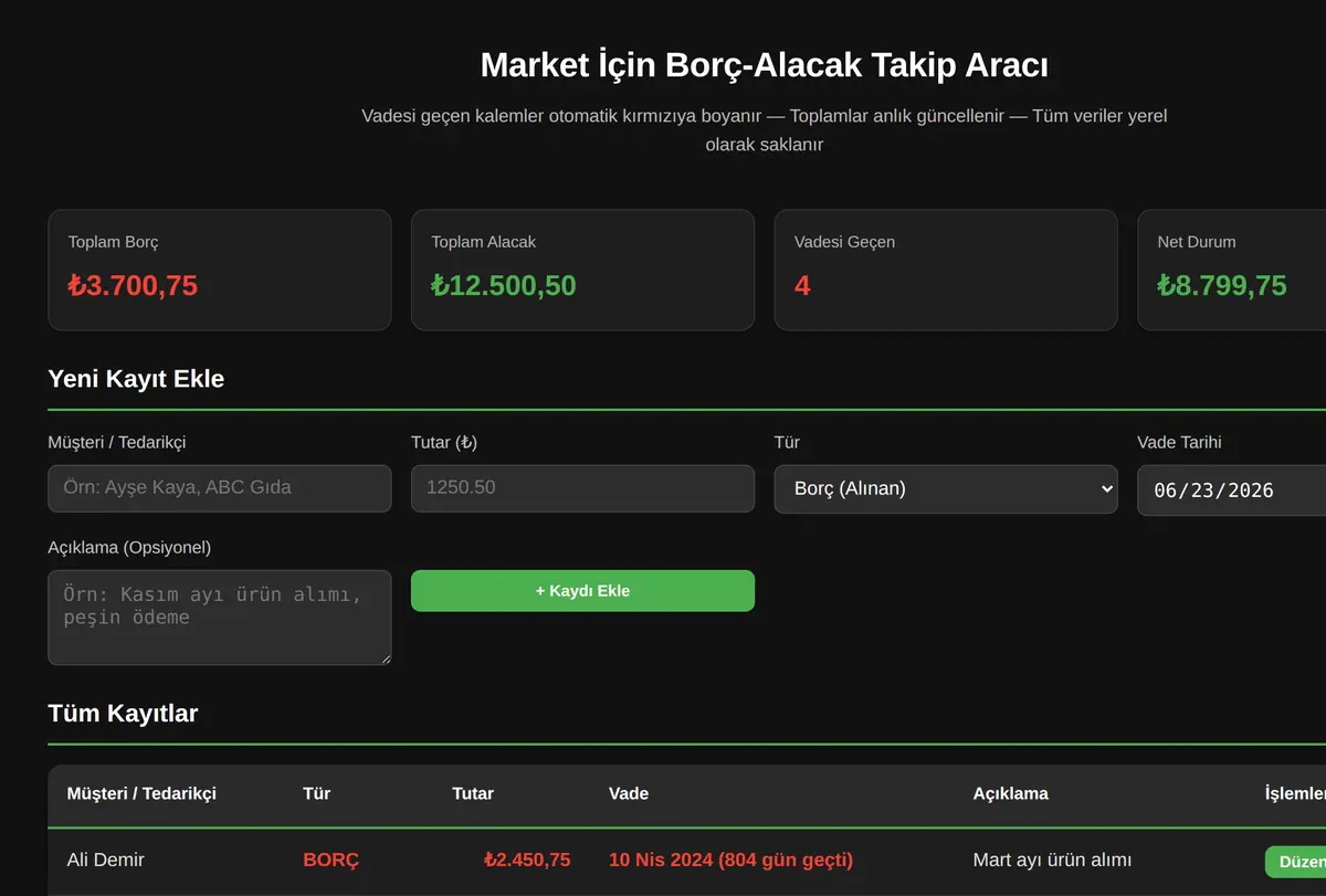 Market İçin Borç-Alacak Takip Aracı ekran görüntüsü