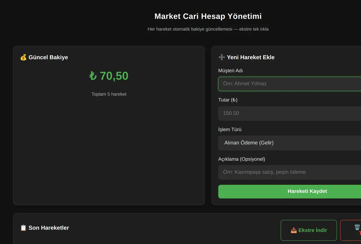 Market Cari Hesap Yönetimi ekran görüntüsü