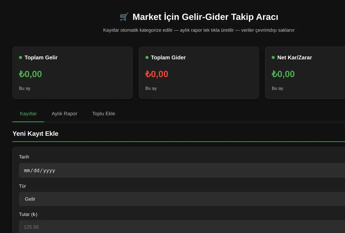 Market İçin Gelir-Gider Takip Aracı ekran görüntüsü