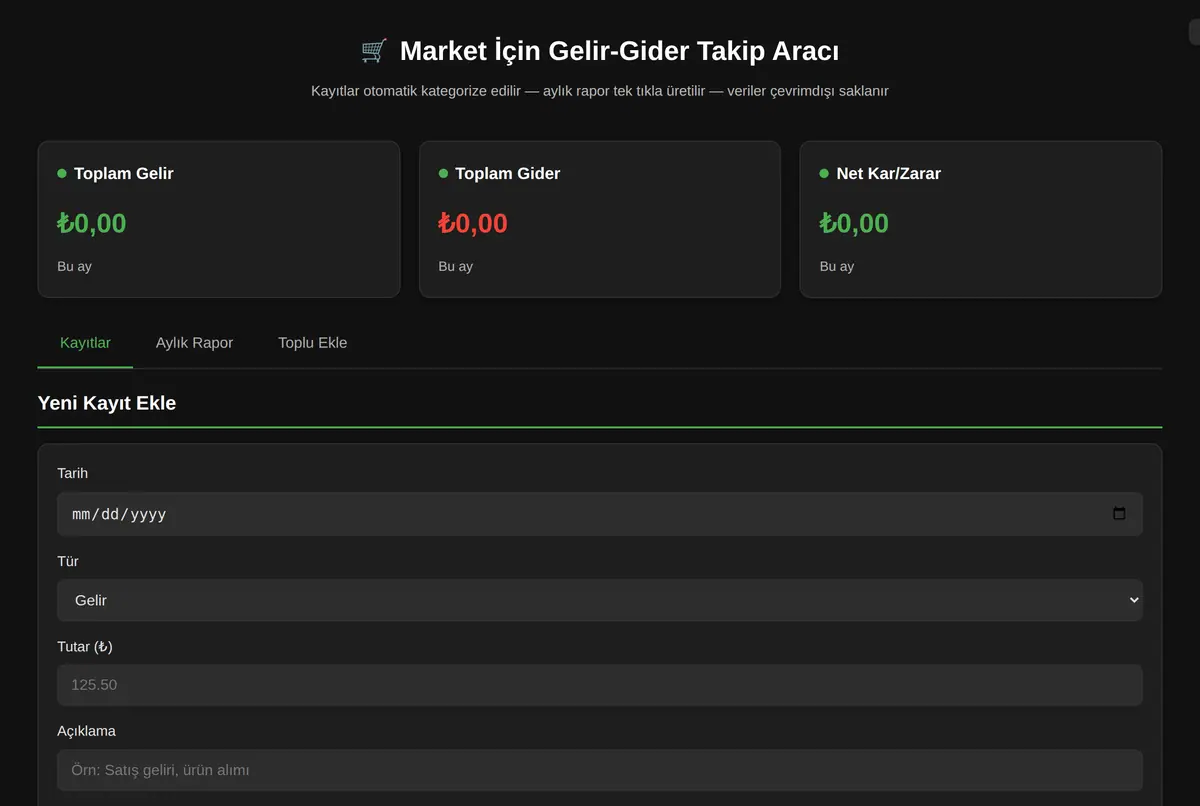 Market İçin Gelir-Gider Takip Aracı ekran görüntüsü 2