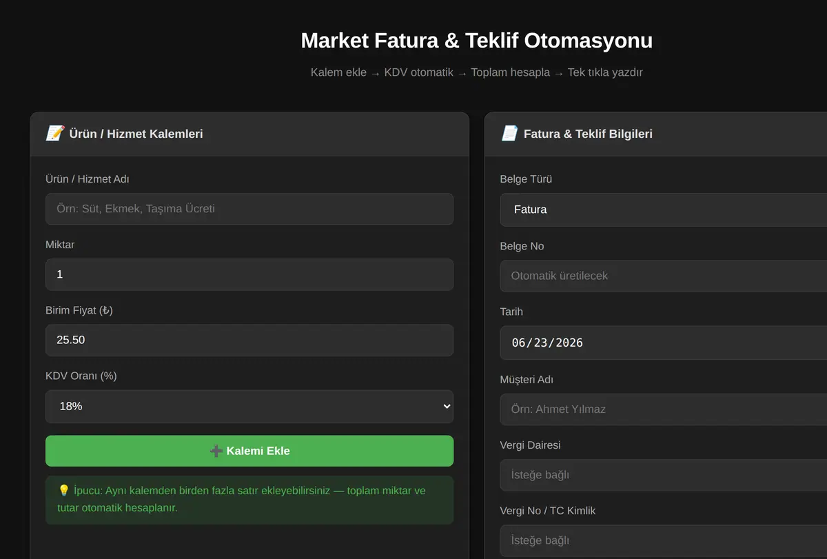Market Fatura & Teklif Otomasyonu ekran görüntüsü