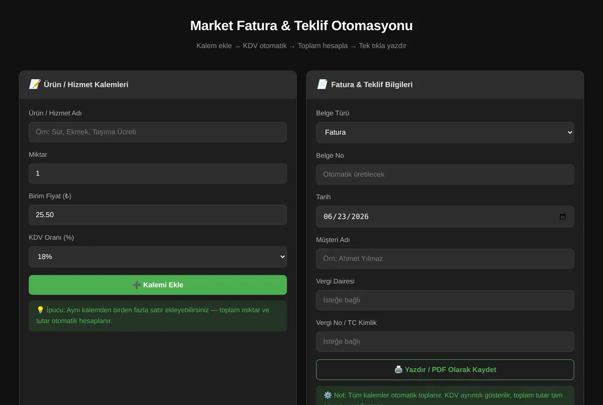 Market Fatura & Teklif Otomasyonu ekran görüntüsü 2