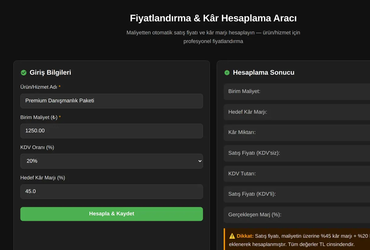 Fiyatlandırma & Kâr Hesaplama Aracı ekran görüntüsü