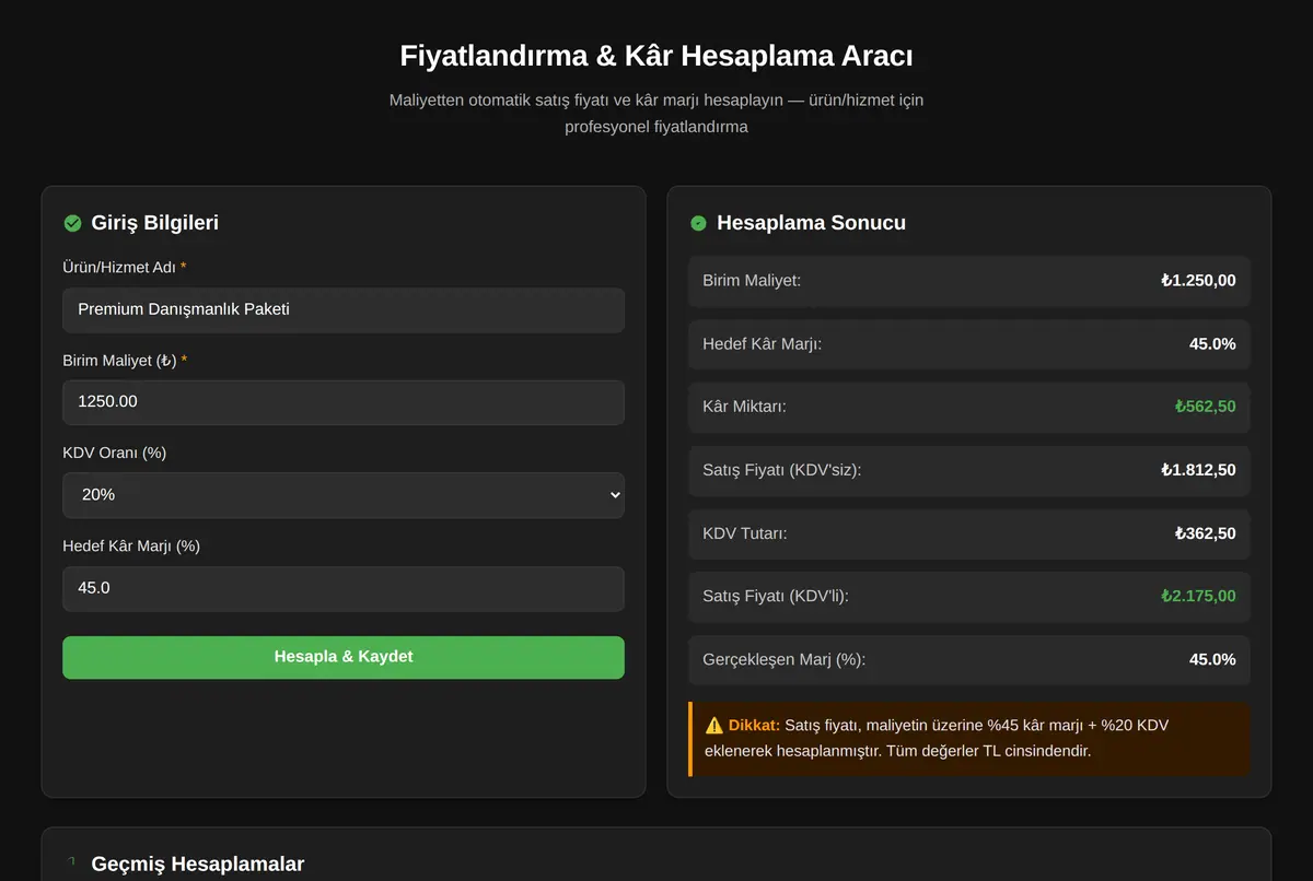 Fiyatlandırma & Kâr Hesaplama Aracı ekran görüntüsü 2