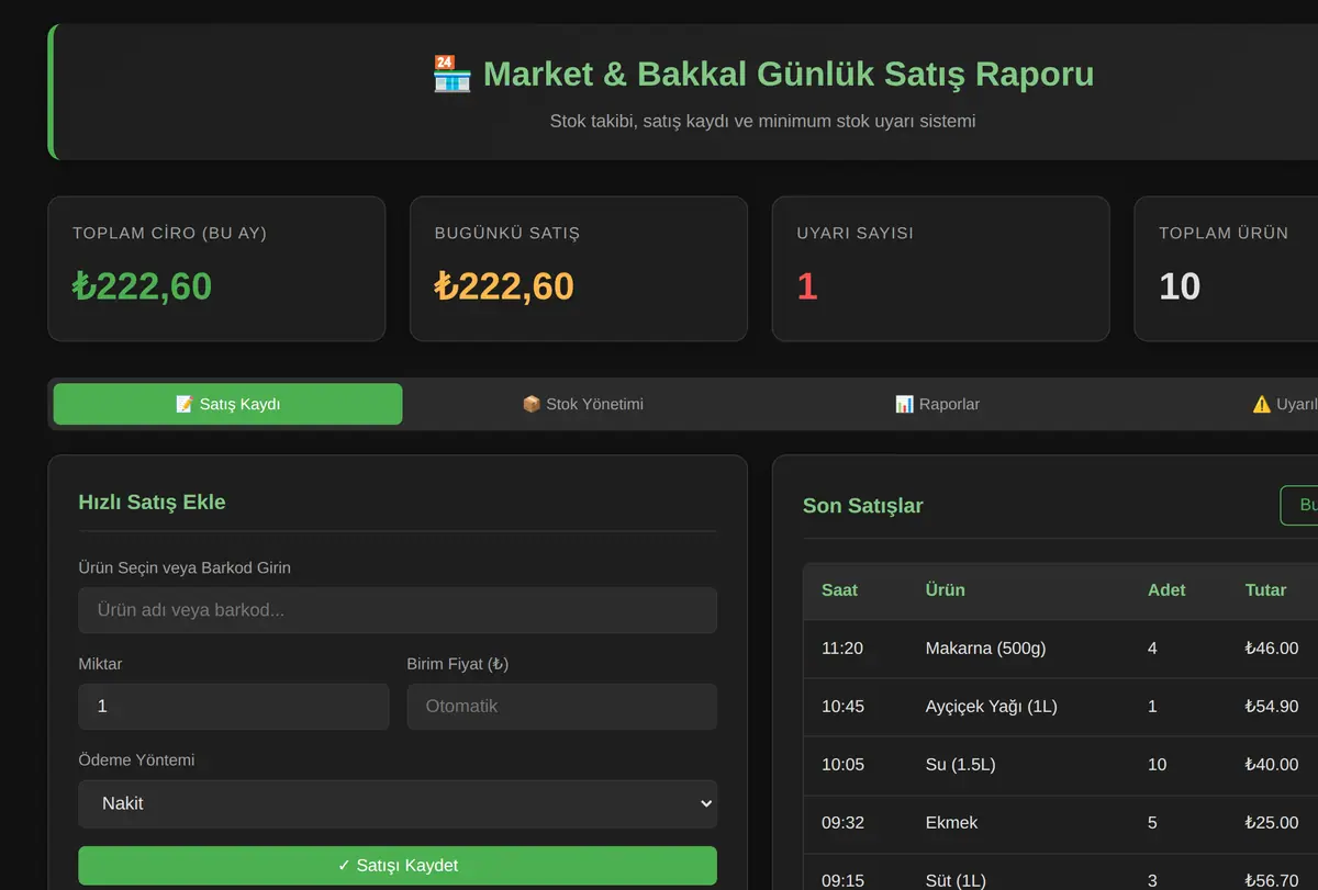 Market & Bakkal Günlük Satış Raporu ve Stok Uyarı Sistemi ekran görüntüsü