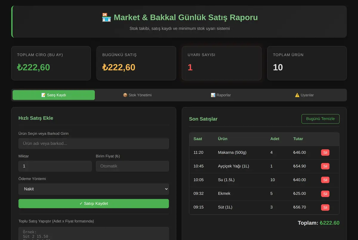 Market & Bakkal Günlük Satış Raporu ve Stok Uyarı Sistemi ekran görüntüsü 2