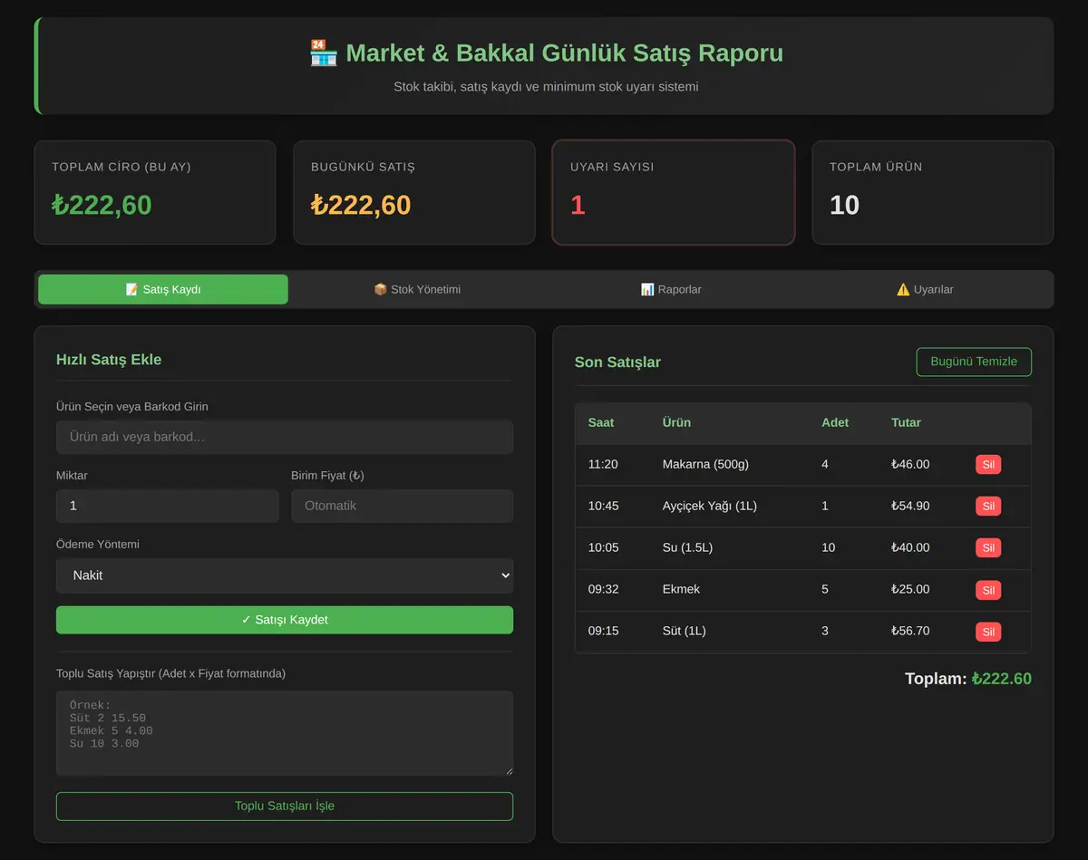 Market & Bakkal Günlük Satış Raporu ve Stok Uyarı Sistemi ekran görüntüsü 3